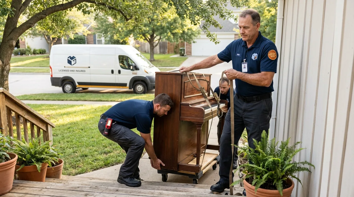 Licensed piano movers securing grand piano in Stockbridge, GA