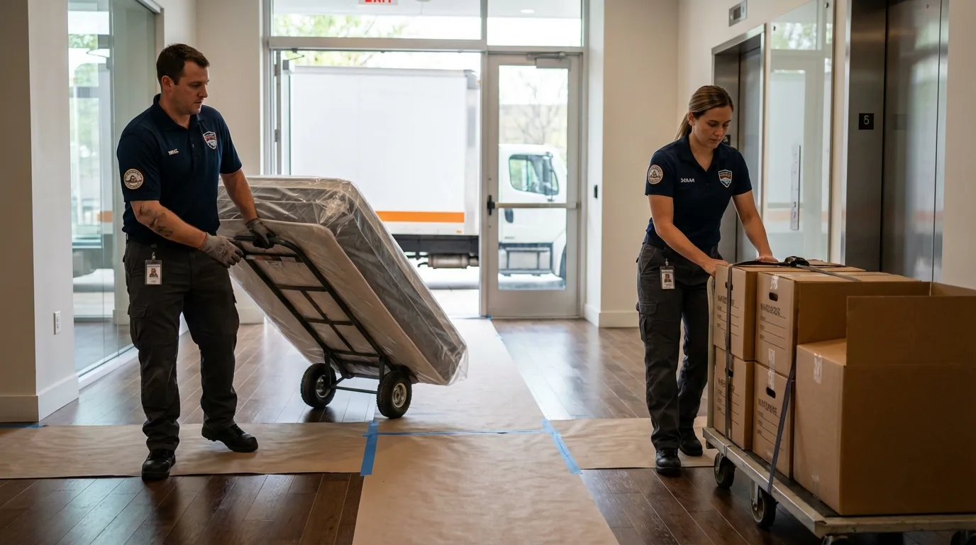 Professional apartment movers loading elevator in Stockbridge, GA